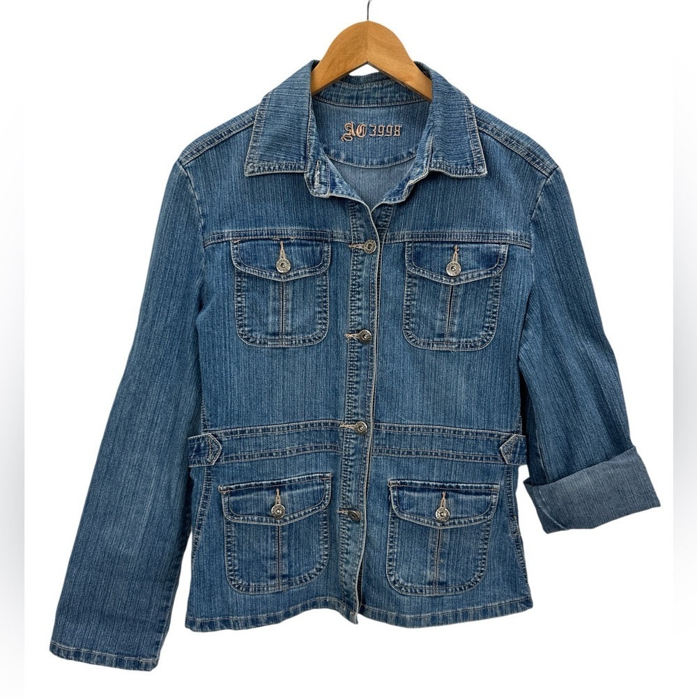 AC3998 Women's Y2K Collared Long Sleeve Denim Jean Jacket Large - Picture 3 of 12